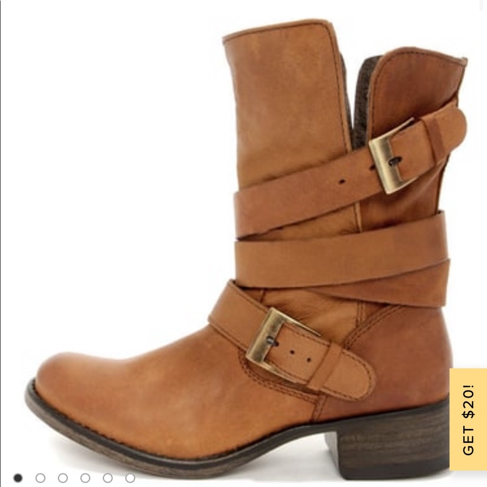 Steve Madden Brewzzer Cognac Leather Belted Mid-Calf Boots